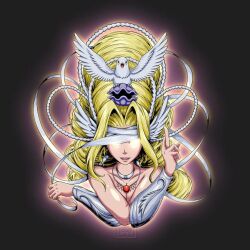 1girl bare_shoulders bird black_background blonde_hair breasts collarbone digimon digimon_(creature) dove glowing glowing_eyes head_wings large_breasts long_hair olive_(digimon) shell simple_background unworn_blindfold venusmon very_long_hair wings with_out_will