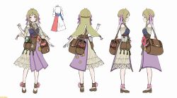 1girl atelier_(series) atelier_resleriana bag bare_shoulders brown_bag brown_footwear reference_sheet closed_mouth dress flocke_cerha flower from_behind from_side full_body green_hair hair_flower hair_ornament hand_up highres long_sleeves looking_at_viewer multiple_views official_art pink_ribbon plant pocket profile purple_eyes ribbon second-party_source shoes short_hair shoulder_bag simple_background smile standing tokki veil white_background white_dress