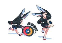 1girl 2020 absurdres anan-the_rabbit_girl animal_ears bike_shorts black_dress black_eyes black_hair chinese_clothes chinese_commentary commentary dress english_commentary furry furry_female highres krita_(medium) long_hair long_sleeves mascot multiple_views original pankou rabbit rabbit_ears rabbit_tail running spirit_animals_in_disguise standing standing_on_one_leg tail tyson_tan white_sneakers