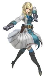 1girl black_gloves blonde_hair blue_eyes boots bow bowtie commentary company_connection copyright_name dress dual_wielding end_of_eternity full_body gloves gun hairband handgun high_heel_boots high_heels highres holding holding_gun holding_weapon holster knee_boots long_hair looking_at_viewer official_art reanbell smile solo star_ocean star_ocean_anamnesis weapon white_background yasuda_akira