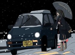 1girl bag black_eyes black_hair breath car coat highres holding holding_umbrella kumanoi_(nichols) motor_vehicle original pleated_skirt scarf skirt snow snowing solo standing transparent umbrella