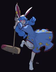 1girl animal_ears asutoro_(s--t) black_background blue_dress blue_hair crescent_print dress earclip frilled_dress frills full_body highres holding kine long_hair mallet open_mouth rabbit_ears red_eyes seiran_(touhou) short_sleeves signature simple_background socks solo star_(symbol) star_print touhou white_socks