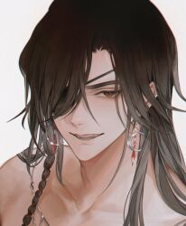 Rule 34 | 1boy, black hair, braid, collarbone, ear piercing, earrings, eyepatch, hair over one eye, highres, hua cheng, jewelry, long hair, looking at viewer, male focus, necklace, nude, one eye covered, open mouth, piercing, portrait, red eyes, side braid, simple background, single braid, smile, solo, tianguan cifu, upper body, white background, young57440489