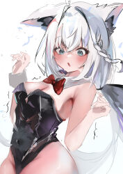 1girl @_@ absurdres ahoge alternate_costume animal_ears black_leotard blue_eyes blush fox_ears fox_girl fox_tail highres hololive leotard long_hair looking_at_viewer naaa_gg playboy_bunny ponytail shirakami_fubuki solo strapless strapless_leotard tail virtual_youtuber white_hair white_wrist_cuffs wrist_cuffs