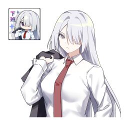 1girl ak-15_(erwin)_(girls&#039;_frontline) ak-15_(girls&#039;_frontline) black_coat chibi coat collared_shirt girls&#039;_frontline girls&#039;_frontline_2:_exilium highres holding holding_coat holding_unworn_clothes inset lemonisblue long_sleeves necktie official_alternate_costume official_art_inset purple_eyes red_necktie shirt simple_background solo unworn_coat voymastina_(girls&#039;_frontline_2) white_background white_shirt