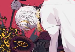 1girl 1other black_gloves black_shirt blonde_hair clock coat coat_on_shoulders collared_shirt dante_(limbus_company) faust_(project_moon) fire gloves highres limbus_company multicolored_hair n_corp._fanatic_(identity)_(project_moon) object_head parted_lips project_moon red_background red_coat rmenssari shirt short_hair simple_background smile streaked_hair white_coat white_hair