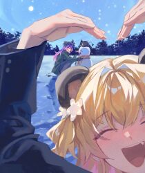 2girls absurdres alternate_costume animal_ears arms_up bear_ears bibi_(tokoyami_towa) black_coat blonde_hair blue_pants blue_sky blush close-up closed_eyes coat commentary demon_girl demon_tail english_commentary facing_viewer fake_animal_ears fang flower green_coat hair_flower hair_ornament heart heart_arms heart_tail highres holding hololive legzy long_hair looking_at_another momosuzu_nene multiple_girls open_mouth outdoors pants purple_hair scarf sky smile snowing snowman squatting tail tokoyami_towa tongue tree two_side_up virtual_youtuber winter