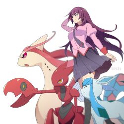 Rule 34 | 1girl, arm up, artist name, bakemonogatari, black thighhighs, blue eyes, blue necktie, blue skirt, breasts, closed mouth, commentary request, feet out of frame, fooring, gen 2 pokemon, gen 3 pokemon, gen 4 pokemon, glaceon, highres, impossible clothes, impossible shirt, juliet sleeves, long hair, long sleeves, looking to the side, medium breasts, milotic, monogatari (series), naoetsu high school uniform, necktie, nintendo, pleated skirt, pokemon, pokemon (creature), puffy sleeves, purple hair, redrawn, school uniform, scizor, senjougahara hitagi, shirt, simple background, skirt, smile, thighhighs, twitter username, very long hair, white background, zettai ryouiki