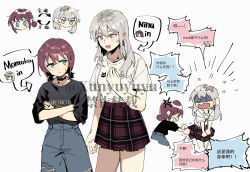Rule 34 | 2girls, anger vein, black choker, blue eyes, blue shorts, blush, brown hair, chinese commentary, chinese text, choker, closed mouth, clothes pull, commentary request, cosplay, crossed arms, girls band cry, grey eyes, grey hair, iseri nina, kawaragi momoka, long hair, low twintails, multicolored hair, multiple girls, personality switch, plaid clothes, plaid skirt, red skirt, roots (hair), shirt, short hair, short sleeves, short twintails, shorts, skirt, skirt pull, sweat, translation request, twintails, white shirt, xunyu (manyu)