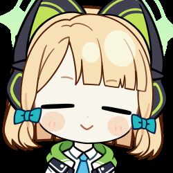 1girl :&gt; animal_ear_headphones animal_ears animated animated_gif aqua_necktie blonde_hair blue_archive blunt_bangs blunt_ends blush_stickers bow cat_ear_headphones cat_ears chibi chibi_only chunye_haruya closed_eyes closed_mouth collared_shirt commission dot_nose facing_viewer fake_animal_ears green_bow green_halo green_jacket hair_bow halo headphones hood hooded_jacket jacket low-tied_sidelocks lowres medium_hair midori_(blue_archive) missing_commentary necktie open_clothes open_jacket parted_bangs school_uniform second-party_source shirt sidelocks simple_background smile solo teardrop transparent_background upper_body white_shirt