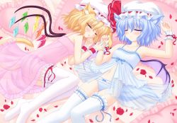 Rule 34 | 2girls, animal ears, babydoll, bad id, bad pixiv id, blonde hair, blue hair, blush, cat ears, cat girl, cat tail, chemise, dog ears, dog tail, closed eyes, female focus, flandre scarlet, flower, frilled legwear, hat, hat ribbon, heart, heart-shaped pillow, kemonomimi mode, light smile, lying, multiple girls, navel, on back, on side, panties, petals, pillow, red flower, red rose, remilia scarlet, ribbon, rose, rose petals, see-through clothes, shimotsuki keisuke, siblings, sisters, sleeping, tail, thighhighs, touhou, underwear, underwear only, white legwear, wings, wrist cuffs