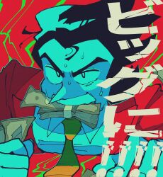 collared_shirt colored_skin deltarune hair_slicked_back highres male_focus money no_ears pointy_nose shio_tou shirt spamton_g._spamton spamton_g._spamton_(big_shot) sweat teeth white_skin