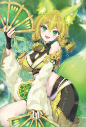 Rule 34 | 1girl, animal ears, bell, blonde hair, breasts, commentary request, crop top, detached sleeves, duel monster, fox ears, fox girl, fox tail, green eyes, green hair, hand fan, highres, holding, holding fan, hu-li the jewel mikanko, long sleeves, medium breasts, midriff, nakazawa aki, navel, open mouth, short hair with long locks, smile, solo, tail, yu-gi-oh!