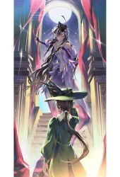 2girls :o absurdres arch black_flower black_hair black_hat bow brown_hair dress facing_away feathers flower from_behind full_moon gloves green_feathers green_hat green_jacket hair_bow hair_flower hair_ornament hand_on_own_chest hands_up hat hat_feather highres isolde_(reverse:1999) jacket jewel_under_eye jewelry juliet_sleeves kakania_(reverse:1999) long_dress long_hair long_sleeves looking_at_another looking_down low_ponytail moon multiple_girls necklace night night_sky ponytail puffy_long_sleeves puffy_sleeves purple_dress purple_eyes purple_flower red_curtains reverse:1999 see-through_clothes see-through_veil sky stairs standing sun_hat upper_body veil very_long_hair volcanoyyy watermark wavy_hair white_gloves yellow_bow