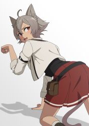 Rule 34 | 1girl, absurdres, ahoge, animal ears, anime coloring, breasts, cat ears, cat girl, grey hair, highres, mushoku tensei, open mouth, ranoa magic academy school uniform, red eyes, rinia dedoldia, school uniform, shirt, short hair, skirt, yaken (11keionnota06)