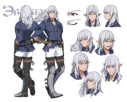 1boy belt black_footwear blue_jacket boots bracer brown_gloves reference_sheet clenched_teeth dagger elezen elf estinien_varlineau final_fantasy final_fantasy_xiv fingerless_gloves full_body gloves grey_eyes hand_on_own_hip highres jacket knife light_blush male_focus medium_hair multiple_expressions multiple_views pants pointy_ears simple_background standing sweatdrop teeth thigh_boots verysoftwool weapon white_background white_hair white_pants