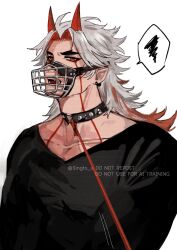 1boy arataki_itto artist_name black_choker black_shirt bodypaint choker collarbone colored_inner_hair commentary_request earrings facepaint fangs genshin_impact horns jewelry leash long_hair long_sleeves looking_at_viewer male_focus multicolored_hair muzzle_(mask) o-ring o-ring_choker oni open_mouth parted_bangs pointy_ears red_eyes red_hair red_horns shirt simple_background singtou solo speech_bubble spiked_choker spikes spoken_squiggle squiggle streaked_hair teeth thai_commentary thick_eyebrows twitter_username upper_body v-neck viewer_holding_leash watermark white_background white_hair