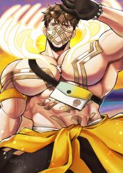 Rule 34 | 1boy, abs, absurdres, artist name, bara, brown eyes, brown hair, clothes around waist, eikthyrnir (fire emblem), eikthyrnir (summer) (fire emblem), eyewear on head, fire emblem, fire emblem heroes, gloves, highres, large pectorals, male focus, mask, mouth mask, nintendo, official alternate costume, pectorals, renilwal, short hair, solo, sunglasses, whistle, whistle around neck