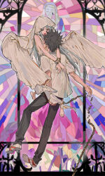 1boy 1girl a_certain_high_school_uniform absurdres angel_wings barefoot black_hair black_pants blue_hair chain chinese_commentary church commentary_request dress eye_contact feathered_wings highres hug index_(toaru_majutsu_no_index) kamijou_touma long_hair looking_at_another pants qyzhiaiyisheng school_uniform short_hair sleeveless sleeveless_dress spiked_hair stained_glass toaru_majutsu_no_index white_dress white_wings wings