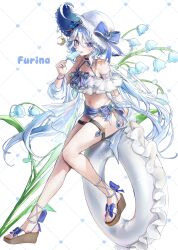 1girl alternate_costume bare_shoulders blue_hair character_name closed_mouth floating_hair food full_body furina_(genshin_impact) genshin_impact hair_between_eyes hat highres holding holding_food holding_ice_cream ice_cream long_hair looking_at_viewer multicolored_hair mungduck navel sandals simple_background smile solo stomach sun_hat sweat swim_ring thigh_strap thighs tongue tongue_out very_long_hair vision_(genshin_impact) white_hair white_hat