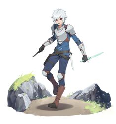 Rule 34 | 1boy, :d, armor, bell cranel, blue pants, blue shirt, boots, breastplate, brown boots, commentary, counter:side, dual wielding, dungeon ni deai wo motomeru no wa machigatteiru darou ka, english commentary, full body, grass, holding, knee boots, knee pads, leg up, looking at viewer, male focus, official art, open mouth, pants, path, pauldrons, red eyes, reverse grip, road, rock, sheath, shirt, short hair, short sword, shoulder armor, simple background, smile, sword, thigh strap, transparent background, unsheathed, vambraces, weapon, white hair