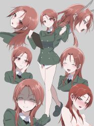 1girl absurdres animal_ears blush buttons collared_shirt double-breasted green_jacket grey_background highres jacket kumi_cure long_hair military_uniform minna-dietlinde_wilcke multiple_views nipples no_pants panties red_eyes red_hair shirt simple_background strike_witches tail underwear white_shirt wolf_ears world_witches_series