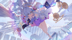 1girl :d absurdres ankle_ribbon aqua_eyes artist_name blue_shawl bouquet bracelet commentary_request dress falling_feathers feathered_wings feathers flower french_horn full_body gloves grey_hair hair_between_eyes halo hanayabaka head_wings highres honkai:_star_rail honkai_(series) instrument jewelry leg_ribbon long_hair looking_at_viewer open_mouth orange_flower pearl_bracelet pink_flower purple_dress purple_gloves purple_ribbon red_flower ribbon robin_(honkai:_star_rail) shawl smile socks solo stairs trumpet two-tone_dress white_dress white_flower white_socks wings