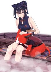 Rule 34 | 1girl, absurdres, alternate costume, armpit crease, bare shoulders, bow (weapon), crossbow, felyne, hair between eyes, hairband, highres, ichinose uruha, lupinus virtual games, monster hunter: world, monster hunter (series), monster hunter world: iceborne, onsen, partially submerged, petting, ponytail, purple eyes, shirt, sitting, sleeveless, sleeveless shirt, steam, uwanosora000, virtual youtuber, vspo!, weapon