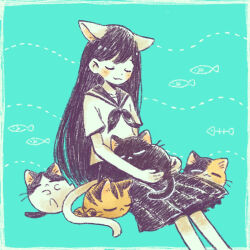 1girl :3 animal animal_ears animal_on_lap black_hair black_neckerchief black_skirt blush cat cat_ears cat_girl cat_on_lap cat_tail closed_eyes closed_mouth collarbone kemonomimi_mode long_hair mari_(faraway)_(omori) mari_(omori) mewo neckerchief omori on_lap pleated_skirt sailor_collar school_uniform serafuku sitting skirt solo sun_iiinu tail