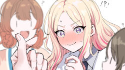 Rule 34 | !?, 1boy, 3girls, ?, blonde hair, blush, brown hair, cardigan, commentary request, gakuen idolmaster, hanami ume, hatsuboshi gakuen school uniform, idolmaster, jacket, juo sena, kasasagi (futagodori888), kuramoto china, long hair, looking at viewer, multicolored hair, multiple girls, nervous sweating, nose blush, pink hair, pov, pov hands, producer (idolmaster), school uniform, smile, streaked hair, sweat, two-tone hair, upper body, very long hair, white jacket, | |