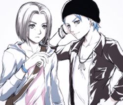 2boys bad_id bad_pixiv_id black_headwear black_jacket blue_hair blue_jacket bracelet camus_(dq11) casual chloe_price chloe_price_(cosplay) closed_mouth collarbone commentary_request cosplay dragon_quest dragon_quest_xi earrings expressionless hand_up hat hero_(dq11) highres hood hood_down hooded_jacket jacket jewelry life_is_strange_(series) life_is_strange_1 limited_palette long_sleeves looking_at_viewer male_focus max_caulfield max_caulfield_(cosplay) mondi_hl multiple_boys necklace open_clothes open_jacket shirt short_hair simple_background smile upper_body
