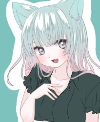 1girl animal_ears aqua_hair cat_ears cat_girl fang female_focus frilled_sleeves frills gradient_hair grey_eyes hana_shinako hand_on_own_chest highres multicolored_hair open_mouth original shirt simple_background smile solo torso