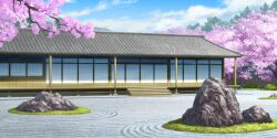 architecture artist_request blue_sky cherry_blossoms cloud day east_asian_architecture flower game_cg hakugyokurou highres no_humans official_art outdoors pink_flower porch rock rock_garden scenery sky stairs third-party_source touhou touhou_lostword tree
