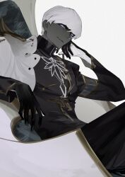 1boy asymmetrical_clothes black_pants blue_eyes closed_mouth colored_skin commentary_request dark-skinned_male dark_skin facial_mark fate/grand_order fate_(series) feet_out_of_frame gloves grey_skin hand_on_own_face head_rest highres indra_(fate) lightning_bolt_facial_mark long_sleeves looking_to_the_side male_focus pants popped_collar sideways_glance simple_background sitting smirk solo white_background white_hair wo_do
