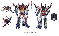 aircraft airplane arm_cannon color_guide commentary decepticon english_commentary fighter_jet full_body highres mecha mecha_focus military_vehicle multiple_views no_humans ongget1 red_eyes reference_sheet robot science_fiction simple_background smile starscream transformers weapon white_background