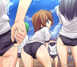 6+girls adjusting_buruma adjusting_clothes arms_behind_head ass bent_over blue_eyes blush brown_hair buruma cloud day eeeeee from_behind green_hair grey_hair gym_uniform hair_ornament hairclip multiple_girls open_mouth original outdoors own_hands_clasped own_hands_together panties panties_under_buruma purple_hair short_hair sky thighs underwear white_panties