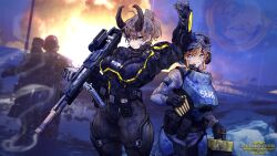 2girls absurdres ammunition_box ammunition_pouch artist_name blonde_hair blood blood_on_chest blood_on_face blue_blood blue_eyes box breasts brown_hair clenched_hand clip_(weapon) combat_helmet copyright_name epakim game_screenshot_background gun hair_between_eyes hand_up helldiver_(helldivers) helldivers_(series) helmet highres holding holding_box horns lamia_(epakim) large_breasts long_sleeves military_combat_uniform military_uniform multiple_girls open_mouth original ponytail pouch rifle scar scar_across_eye scar_on_face screenshot_background seaf_soldier_(helldivers) slit_pupils smile weapon