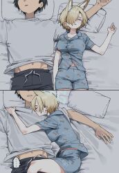 1boy 1girl animal_ears bed black_hair blonde_hair blue_archive blush breast_press breasts cuddling dog_ears dog_girl hug kanna_(blue_archive) large_breasts lonklink pajamas pillow short_hair sleeping