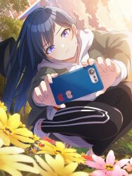 Rule 34 | 1girl, absurdres, artist request, black hat, black pants, blue eyes, blue hair, bug, cellphone, closed mouth, dutch angle, flower, gradient sky, green jacket, hat, highres, holding, holding phone, hood, hoodie, insect, jacket, jewelry, kurogane ren, ladybug, long hair, necklace, official art, open clothes, open jacket, outdoors, pants, phone, pink flower, pout, purple eyes, shine post, shoes, sky, smartphone, solo, squatting, sweatdrop, taking picture, unworn hat, unworn headwear, white hoodie, yellow flower