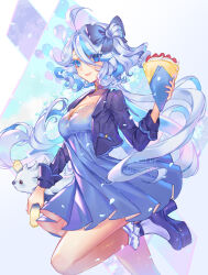 Rule 34 | 1girl, ahoge, alternate costume, blue bow, blue dress, blue eyes, blue footwear, blue hair, blue jacket, bow, breasts, cleavage, crepe, dress, food, furina (genshin impact), genshin impact, hair bow, high heels, highres, holding, holding crepe, holding food, jacket, leisurely otter (genshin impact), long hair, long sleeves, multicolored hair, open clothes, open jacket, orange sekaii, pleated dress, socks, streaked hair, very long hair, white socks