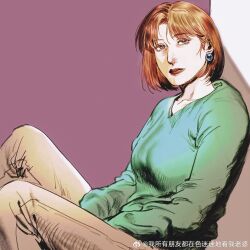 1girl absurdres against_wall animification blue_eyes borderline7839 breasts brown_pants chinese_commentary commentary earrings expressionless family_guy green_sweater highres jewelry lois_griffin mature_eyes mature_female medium_breasts orange_hair pants red_lips sitting solo sweater watermark weibo_watermark
