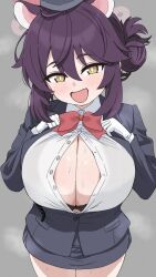 1girl ahoge aji_1332 animal_ears blue_archive blush bow bowtie breasts fang hair_bun halo highres kaede_(blue_archive) kaede_(guide)_(blue_archive) long_hair looking_at_viewer official_alternate_costume oppai_loli pencil_skirt pink_halo raccoon_ears raccoon_girl red_bow red_bowtie single_side_bun skin_fang skirt smile solo tour_guide yellow_eyes