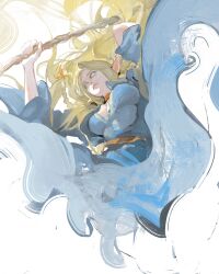 Rule 34 | 1girl, absurdres, blonde hair, blue dress, braid, breasts, choker, closed mouth, dress, dungeon meshi, from below, hand up, highres, holding, holding staff, kanji (nievart), long hair, marcille donato, medium breasts, orange choker, pointy ears, solo, staff, white background