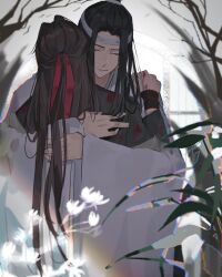 Rule 34 | 2boys, black hair, black hanfu, black robe, blood, blood on clothes, blood on hands, branch, brown hair, chinese clothes, closed eyes, closed mouth, flower, hair down, hair ribbon, half updo, hanfu, headband, highres, hug, karanosora, lan wangji, leaf, long hair, long sleeves, male focus, modao zushi, multiple boys, official alternate hairstyle, red ribbon, ribbon, robe, topknot, tree, upper body, wei wuxian, wei wuxian (yiling laozu), white flower, white hanfu, white headband, white robe, wide sleeves, yaoi