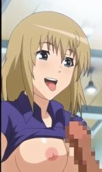 animated animated_gif blonde_hair breasts breasts_out cum cum_on_body cum_on_hair facial hetero joshikousei_no_koshitsuki medium_breasts nipples penis smile tongue tongue_out