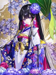 1girl black_hair black_sash blue_flower earrings floral_print flower hair_flower hair_ornament highres holding holding_leaf hydrangea japanese_clothes jewelry kimono leaf long_hair looking_at_viewer obi original purple_eyes purple_kimono saika_usagi sash solo