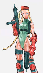 1990s_(style) 1girl ahoge antenna_hair asymmetrical_dual_wielding beret blonde_hair blue_eyes braid buckle cammy_white capcom dual_wielding female_focus fingerless_gloves gauntlets gloves gun gunspike hat holding huge_ahoge knee_pads leotard machine_pistol nishimura_kinu official_art personal_defense_weapon retro_artstyle skorpion_vz._61 snap-fit_buckle solo street_fighter submachine_gun trigger_discipline twin_braids uzi weapon