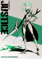 Rule 34 | 1girl, boots, cecilia immergreen, colored inner hair, feaurievladskov, green eyes, green hair, grey hair, high heel boots, high heels, highres, holding, holding polearm, holding weapon, hololive, hololive english, joints, lance, mechanical arms, mechanical legs, metal skin, multicolored hair, polearm, robot, robot girl, robot joints, short hair, two-tone hair, virtual youtuber, weapon, winding key