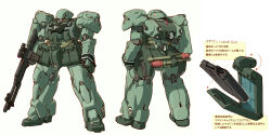 Rule 34 | assault rifle, back, battery, beam rifle, cable, char&#039;s counterattack, commentary request, concept art, derivative work, energy gun, geara doga, gun, gundam, hatch, highres, holding, holding weapon, hose, machinery, magazine (weapon), mecha, mecha focus, mobile suit, multiple views, neo zeon, original, panzerfaust, realistic, redesign, rifle, robot, roundel, science fiction, scope, shield, tessaku ro, thrusters, vernier thrusters, weapon, white background