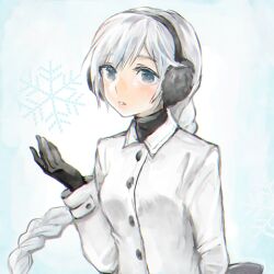 1girl blue_eyes braid commentary_request earmuffs gloves jacket kedama_black long_hair long_sleeves lowres parted_lips sekka_yufu snowflakes solo turtleneck upper_body utau white_hair